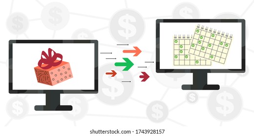 Vektor-Illustration von Geschenk- und Planerkalender und Computerbildschirmen für Online-Shopping-Konzept