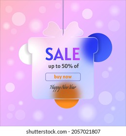 Vector illustration of a gift in the style of glass morphism. Transparent template for text in the form of a gift. Shopping promotion label. Template for the text for birthday, christmas, new year.
