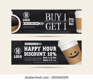 Vector illustration gift voucher coupon cafe coffee beverage, buy 1 get free, happy hour concept promotion advertising 