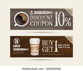 Vector illustration gift voucher coupon cafe coffee beverage, buy 1 get free, happy hour concept promotion advertising 