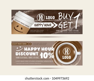 Vector illustration gift voucher coupon cafe coffee beverage, buy 1 get free, happy hour concept promotion advertising