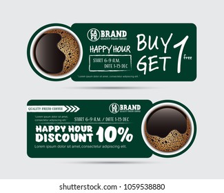 Vector illustration gift voucher coupon cafe coffee beverage, buy 1 get free, happy hour concept promotion advertising 