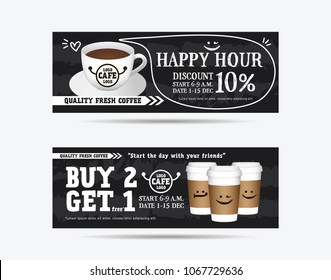 Vector illustration gift voucher coupon cafe coffee beverage, buy 2 get 1 free, happy hour concept promotion advertising 