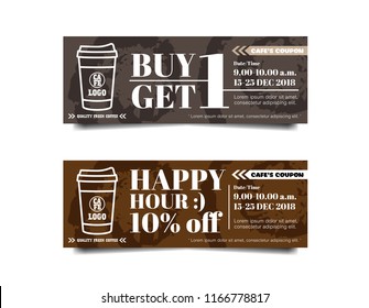 Vector illustration gift voucher coupon cafe coffee beverage, buy 1 get free, happy hour concept promotion advertising 