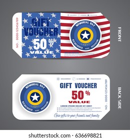 Vector illustration of gift voucher of Memorial Day with medal on white background with american flag.