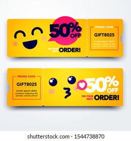 Vector Illustration Gift Voucher Template With Coupon Code With Cute Happy Kawaii Emoji. 