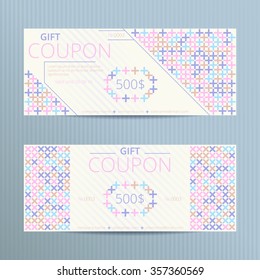 Vector illustration of gift voucher template collection. Bright sales coupons with cross-stitches.