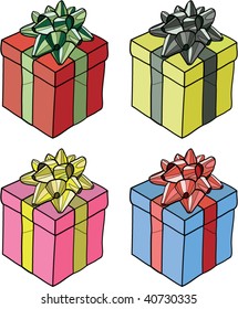 Vector illustration of gift wrapped presents in four color combinations
