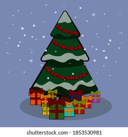 Vector illustration of gifts around a Christmas tree on a blue background