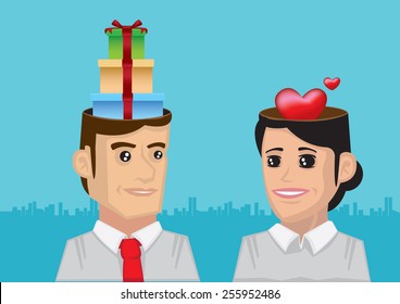 Vector illustration of gifts in the head of man and love in the head of woman.