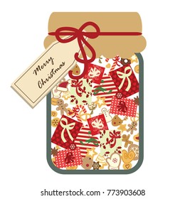vector illustration of gifts and holiday decorative elements in jar for Christmas mood and celebration greeting and invitation cards 