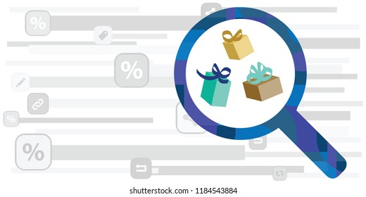 vector illustration of gifts and magnifier for online presents browsing and virtual shopping online