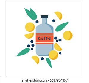 Ilustración vectorial de la botella Gin. Imagen vectorial de una botella de alcohol de estilo plano. Bebida destilada. Gin. Fuerte bebida alcohólica para hacer cócteles. Apetitoso trago escolar. Imagen vectorial aislada.