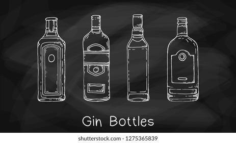 Vector Illustration with Gin Bottles Collection Chalkboard Sketch Style