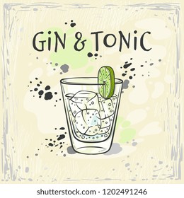 Vector illustration of gin and tonic cocktail in glass with ice cubes and slice of green fresh lime in sketch style - hand drawn refreshing alcoholic drink on colorful background.