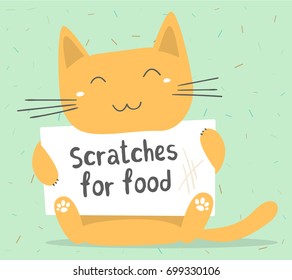 Vector illustration of ginger cartoon cat holding a sign with a funny inscription. Lovely happy kitten on green background. Simple geometric flat style design for poster, card, print, tshirt, sticker