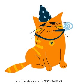 Vector illustration of ginger cat in birthday hat. Happy Birthday cartoon flat colorful illustration with pet