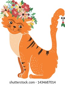 Vector illustration, ginger cat in mexican style with a wreath on his head. Parody of self-portrait Freeda Kahlo. Design element isolated on white background, suitable for avatars, prints, stickers