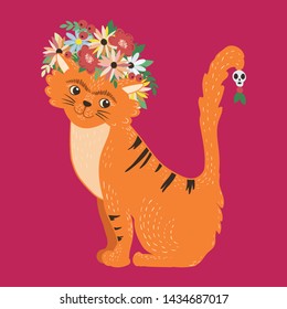 Vector illustration, ginger cat in mexican style with a wreath on his head. Parody of self-portrait Freeda Kahlo. Design element on pink background, suitable for avatars, gift card, prints, stickers