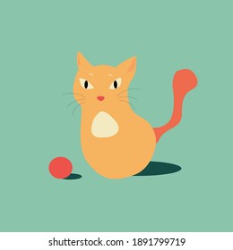 vector illustration of ginger cat playing with red ball