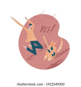 vector illustration of ginger cat playing rock guitar and dancing man. The cat and the guy are on their knees with their eyes closed, enjoying the music. The man raised his hands up. Boho style