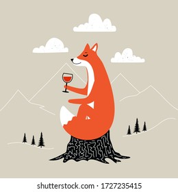 Vector illustration with ginger fox sitting on black stump with a glass of red wine. Doodle mountain landscape, rough white clouds and black pine trees on blackground. Funny print design with animal