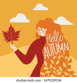 Vector illustration with ginger hair woman holding red maple leaf. Hello autumn lettering and calligraphy quote. Colored typography poster, greeting card print design