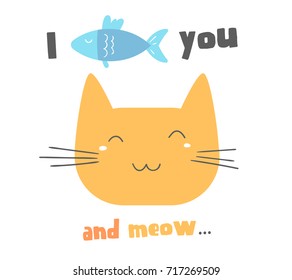 Vector illustration of ginger head of cartoon cat with inscription and fish. Lovely happy kitten smiles on white background. Simple geometric flat style design for romantic valentine day greeting card
