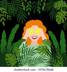 The vector illustration of a ginger head girl in the jungle holding lemon binoculars. Girl is hiding in exotic plants. Dark background.