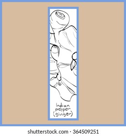 Vector illustration of ginger (indian pepper) inside of letter I. Limited colors graphic. Hand drawing.