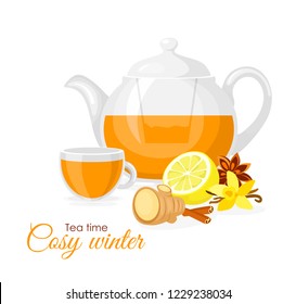 Vector illustration of ginger and lemon cup of tea. Lemon, ginger, vanilla, cup and pot isolated on white background in flat style. Cosy evening concept.
