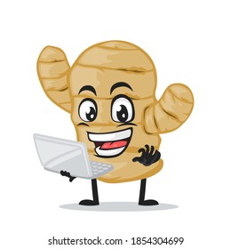 vector illustration of ginger mascot or character presentation with laptop