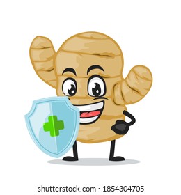 vector illustration of ginger mascot or character holding shield for protection