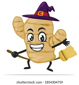 vector illustration of ginger mascot or character wearing witch costume and ride flying broom