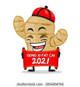 vector illustration of ginger mascot or character holding red scroll and says happy chinese new year 2021