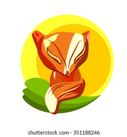 vector illustration of a ginger sleepy fox on the grass and sun behind
