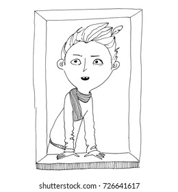 Vector illustration. The ginger white boy in red sweater looks through the window with admiration. Christmas wonderful night.