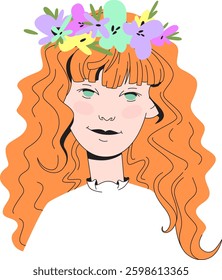 Vector illustration of a ginger woman with spring vibe in a modern style with pastel and bright colors and minimalist details. Suitable for projects related to fashion and beauty.