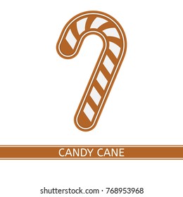 Vector illustration of gingerbread candy cane isolated on white background. Christmas cookie in flat style.