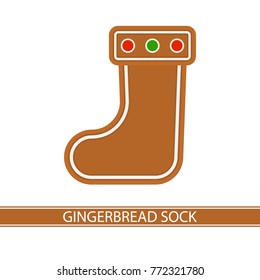 Vector illustration of gingerbread Christmas sock isolated on white background. Glazed cookie in flat style.