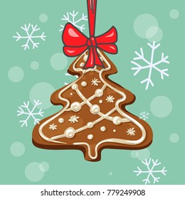 Vector illustration of the gingerbread christmas tree on green backgound.