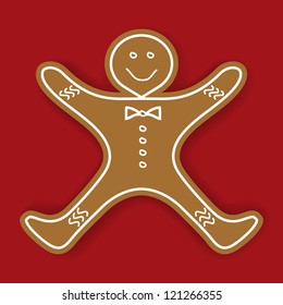 Vector illustration of gingerbread cookie on red background.