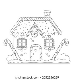 Vector Illustration of a gingerbread cookies with decorations, fairy tale houses. Coloring book. 