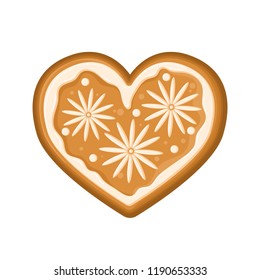 Vector illustration with gingerbread in the form of heart with flower ornament of glaze isolated on the white background.
