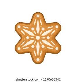 Vector illustration with gingerbread in the form of snowflake with ornament of glaze isolated on the white background.