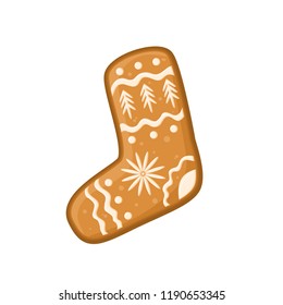 Vector illustration with gingerbread in the form of sock with ornament of glaze isolated on the white background.