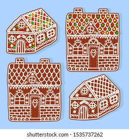 Vector illustration of a gingerbread house with candies. Hand-drawn traditional Сhristmas house.