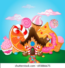 Vector illustration of a Gingerbread House with Candy, Ice Cream, Lollipops, Donut, Jujube, Jelly Candies, Biscuit, Chocolate, Cupcake, Clouds of Sweet Cotton, Hand Drawn