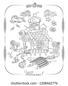 Vector illustration. Gingerbread house. Christmas. Antistress coloring for your creativity