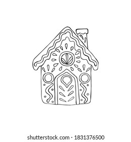 Vector illustration of a gingerbread house isolated on a white background. The outline of the cookie is hand drawn in black ink. Design for christmas, holiday, sweets decoration, postcards, icon.